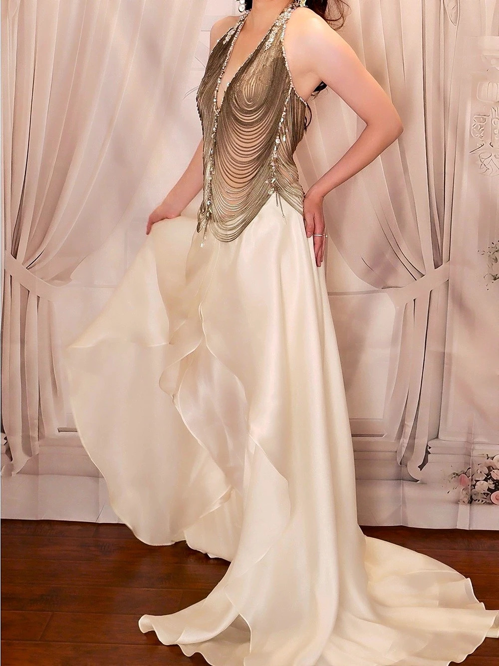 Carlos Alberto Beaded Maxi Gown in Cream in good condition